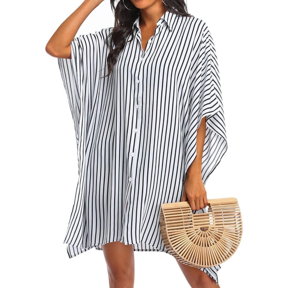 Women White Stripe Sleeve Beachwear Bikini Button Down Oversized Cover Shirt